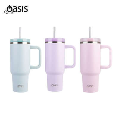 Oasis Stainless Steel Insulated Commuter Travel Tumbler 1.2L in three colors with straws.