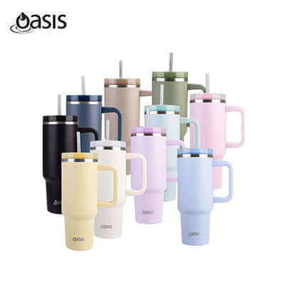 Oasis Stainless Steel Insulated Commuter Travel Tumbler 1.2L collection in various colors on display.
