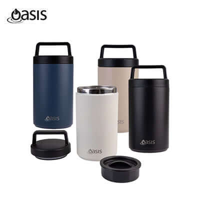 Oasis Stainless Steel Insulated Dual Compartment Food Flask with Handle 700ML in various colors.