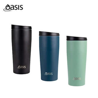 Oasis Stainless Steel Insulated Leakproof Travel Mug 600ml in black, blue, and green colors.