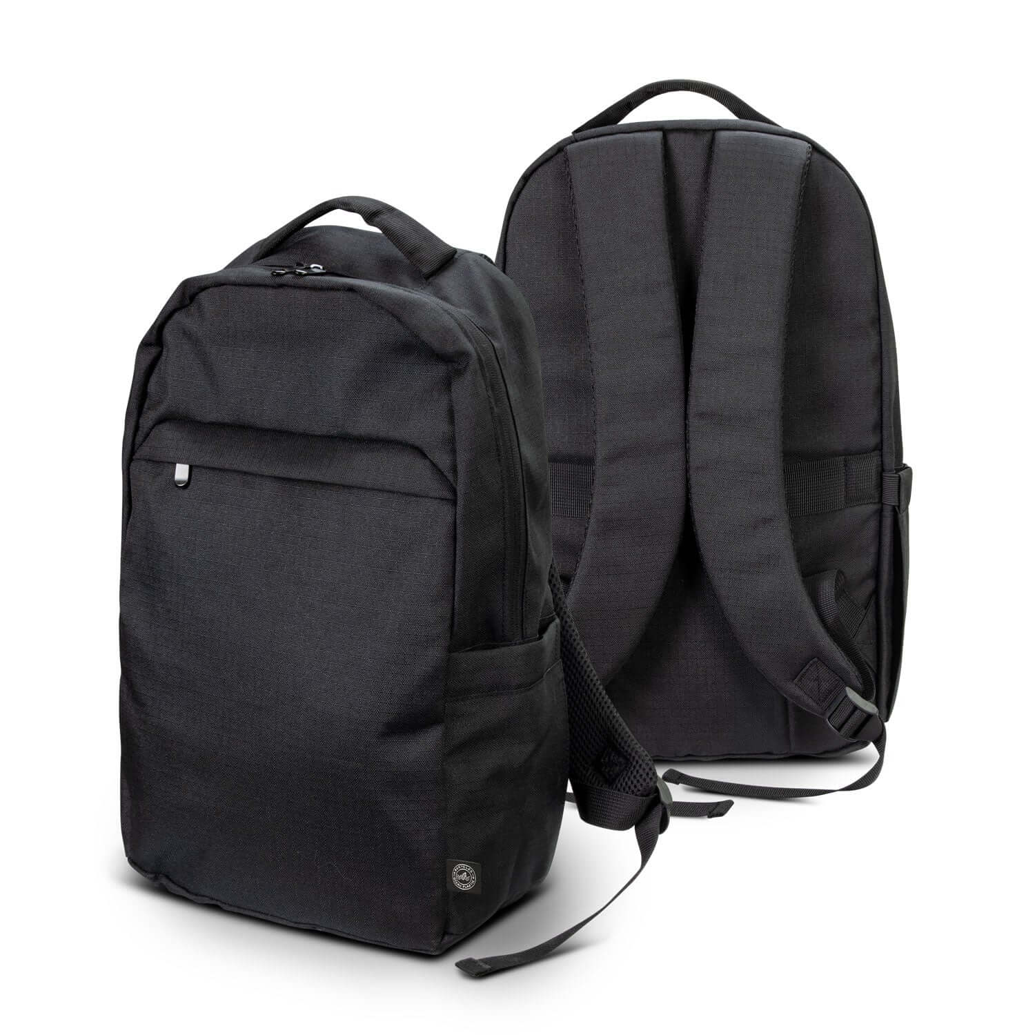 Oceana Recycled Backpack in black, featuring durable design and practical storage, ideal as a corporate gift.