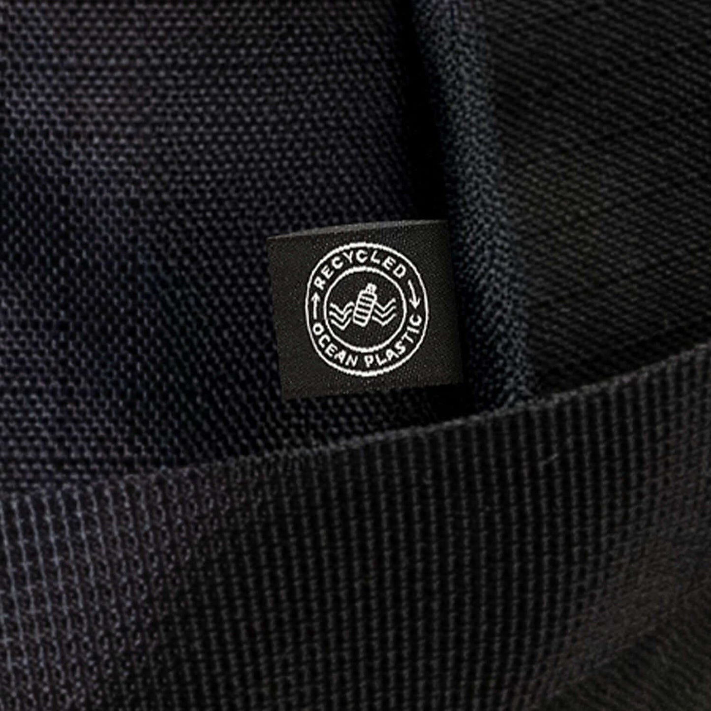 Close-up of the Recycled Ocean Plastic label on the Oceana Recycled Duffle Bag, showcasing its eco-friendly materials.