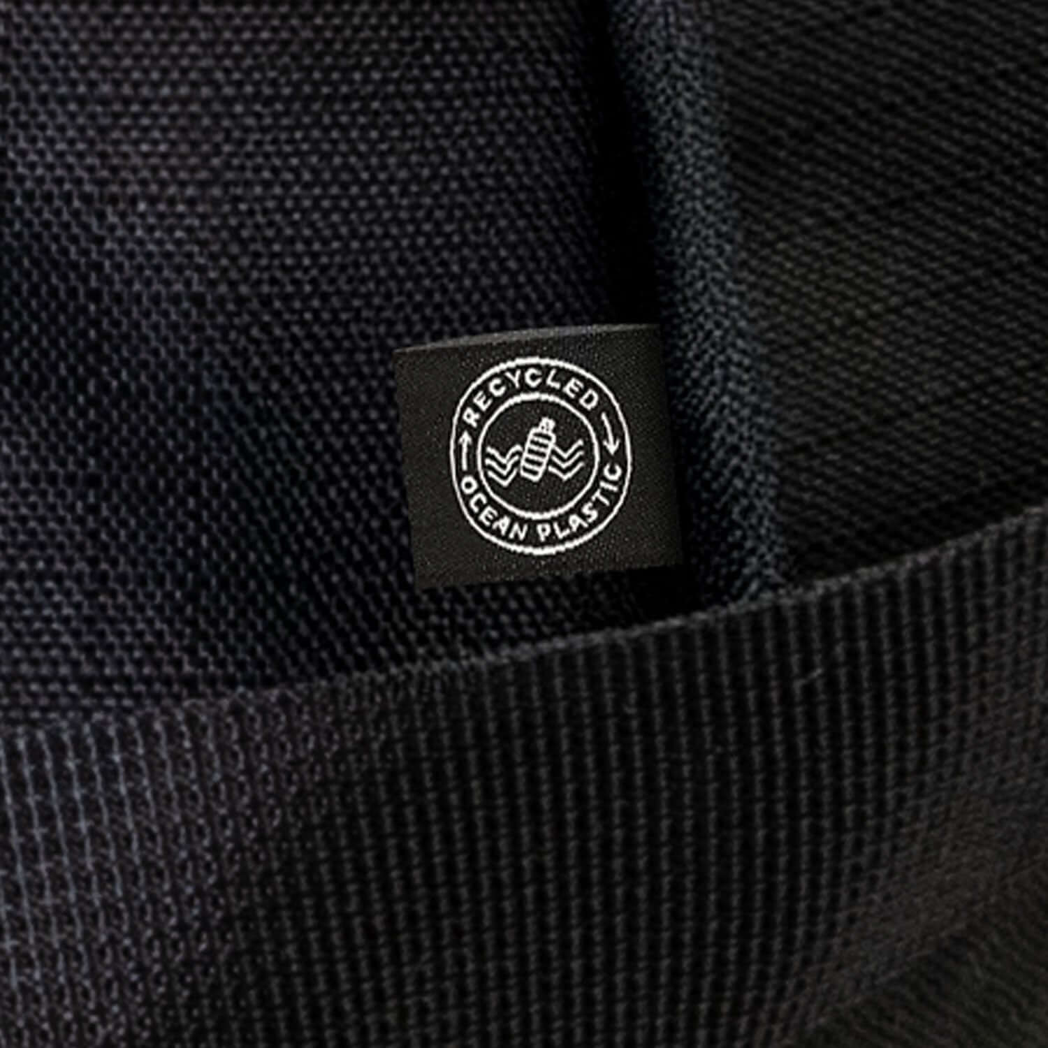 Close-up of the Recycled Ocean Plastic label on the Oceana Recycled Duffle Bag, showcasing its eco-friendly materials.