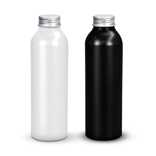 Octiva Aluminium Bottle in white and black colors, 630ml recycled aluminium drink bottle, ideal corporate gift Singapore.