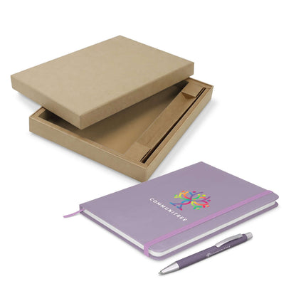 Omega Fashion Notebook and Pen Gift Set in a gift box with a purple notebook and retractable pen.