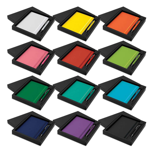 Omega Notebook and Pen Gift Set displayed in various colors, elegant corporate gift for professionals and students.