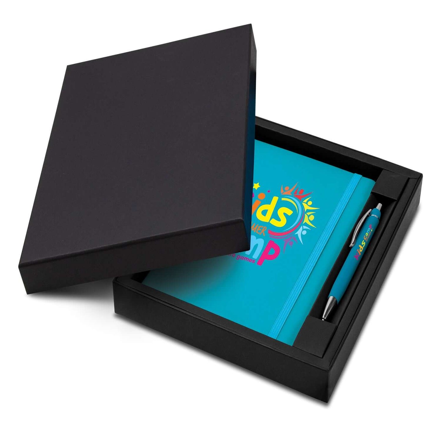 Omega Notebook and Pen Gift Set in a black box showcasing a vibrant notebook and matching pen.