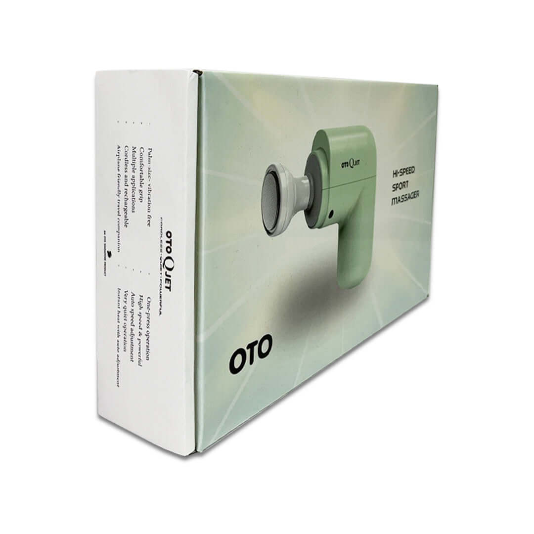 OTO Q-Jet Handheld Massager packaging, showcasing high-speed sport massager design for muscle relaxation.