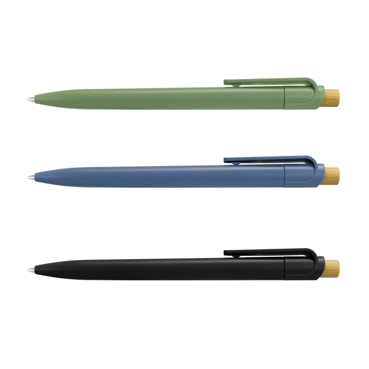 Paulo Notebook and Pen Gift Set featuring three eco-friendly ballpoint pens in green, blue, and black with bamboo accents.
