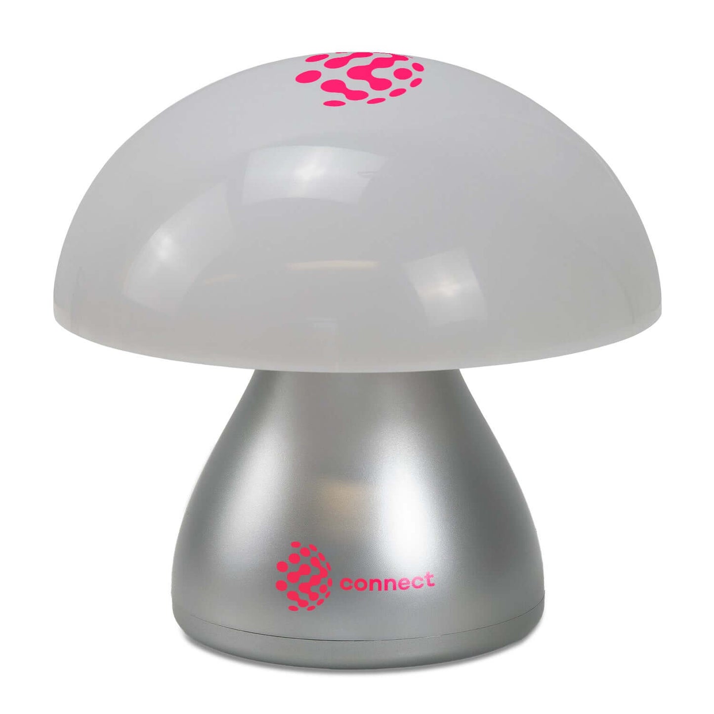 Portobello Table Lamp, a mushroom shaped portable lamp with a silver base and touch control features.