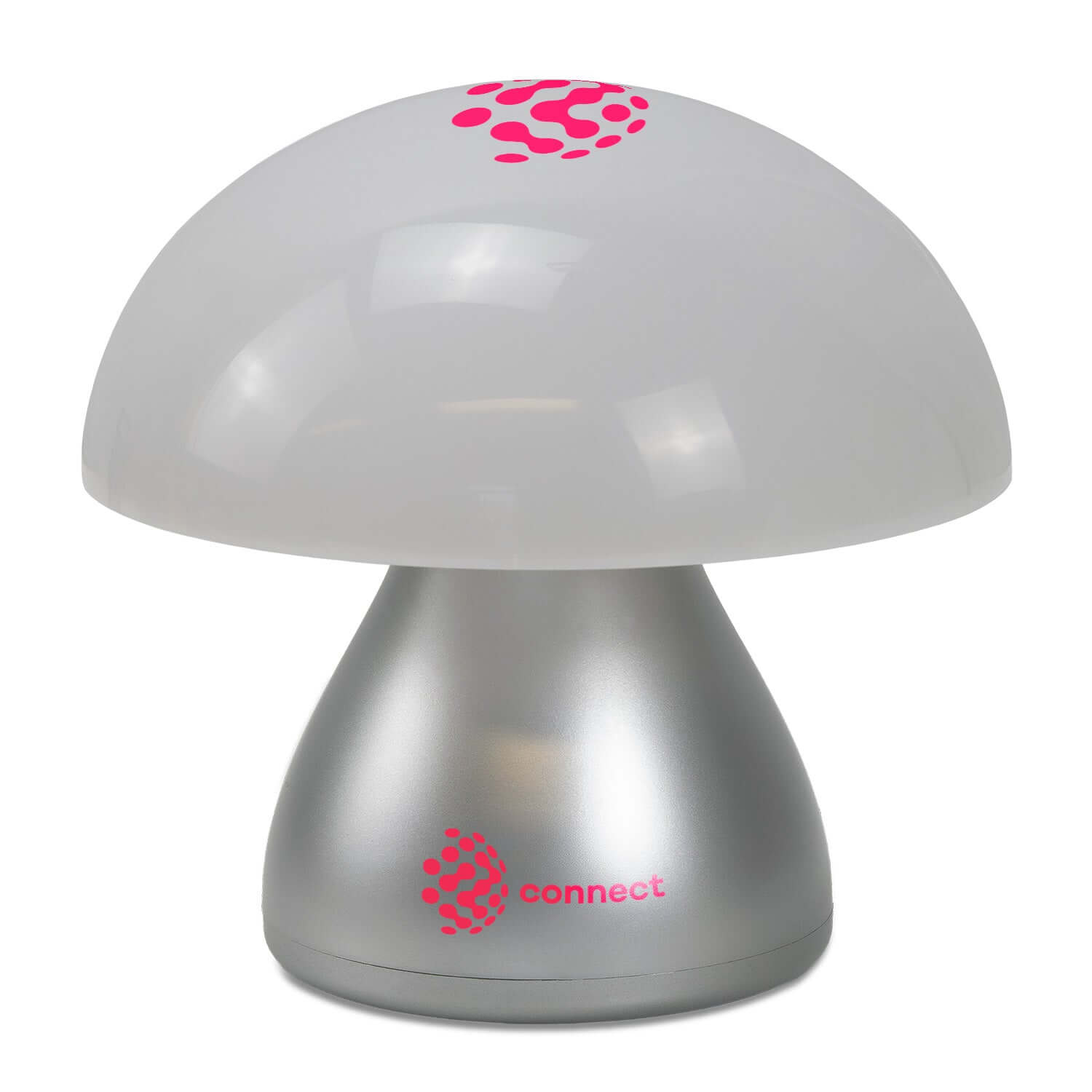 Portobello Table Lamp, a mushroom shaped portable lamp with a silver base and touch control features.