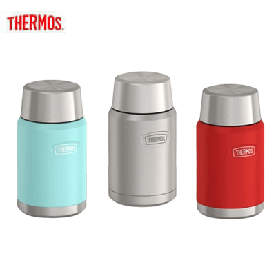 Thermos ICON IS3012 Food Jar with Foldable Spoon in three colors: teal, gray, and red. Perfect corporate gift.