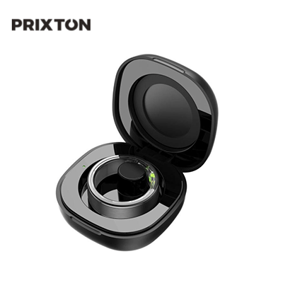 Prixton Orbyt Smart Ring showcased in a sleek charging case for health and fitness tracking.