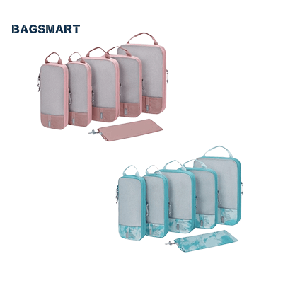 Bagsmart 6-In-1 Compression Packing Cubes in stylish pink and blue designs, ideal for organized travel and corporate gifts.