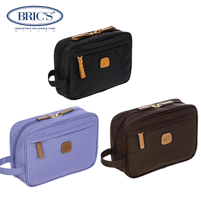 BRIC’S X-Bag Necessaire Pouch in black, lavender, and brown showcasing chic design for travel and corporate gifts.