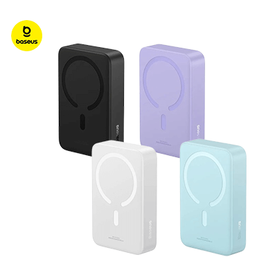 Baseus Magnetic Mini Power Bank 20000mAh 20W in four colors: black, white, purple, and blue.
