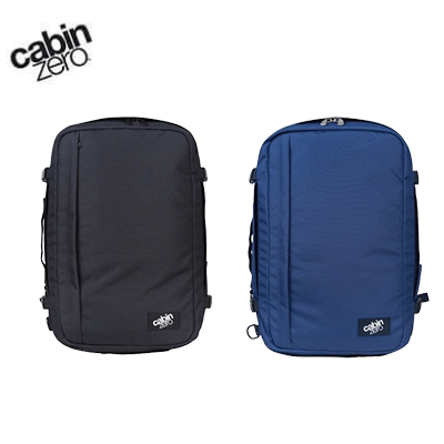 Cabinzero Classic Plus Backpack 42L available in black and blue for modern travelers and corporate gift options.