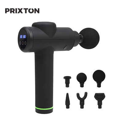 Prixton MGF200 Xtreme Massage Gun with six interchangeable heads and speed settings for fitness and recovery.