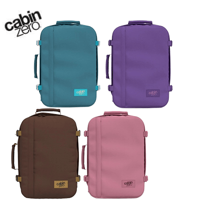 Cabinzero Classic Backpack 36L available in four colors: teal, purple, brown, and pink, ideal for corporate gift.