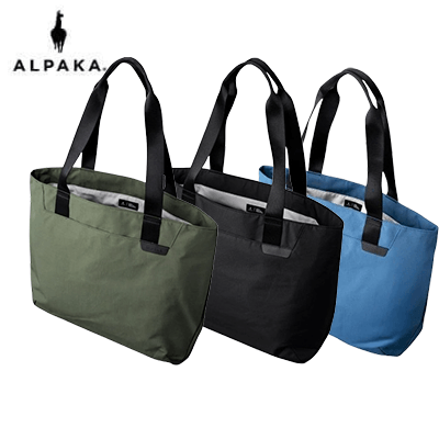 ALPAKA Elements Tote Bag (L) available in green, black, and blue colors, showcasing its versatile design.