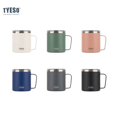 TYESO Coffee Mug 14oz in various colors, ideal for corporate gift, showcasing vacuum insulated design for hot or cold beverages.