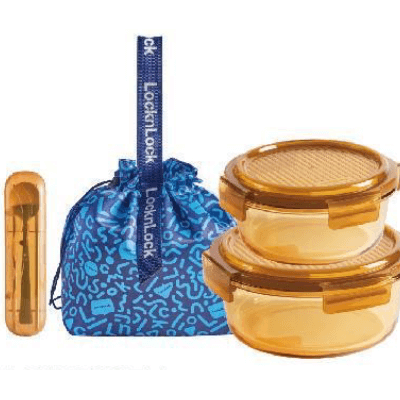 LocknLock Rhine Dynamic Amber Round Glass Lunch Box 4 pcs Set with tote bag and utensils.