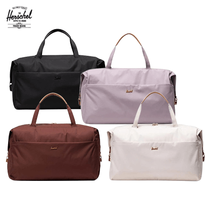 Herschel Maia Weekender Duffle Bag in four colors: black, lavender, burgundy, and white, showcasing modern design and functionality.