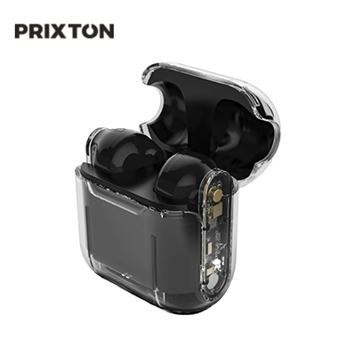 Prixton TWS162 earbuds in charging case, showcasing sleek design and advanced technology, ideal corporate gift.