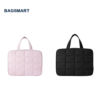 Bagsmart Zora Spacesaver Puffy Multi-Functional Toiletry Bag in pink and black colors, showcasing its stylish design.