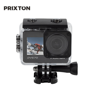 Prixton DV670 4K dual screen action camera with waterproof housing and mounting.