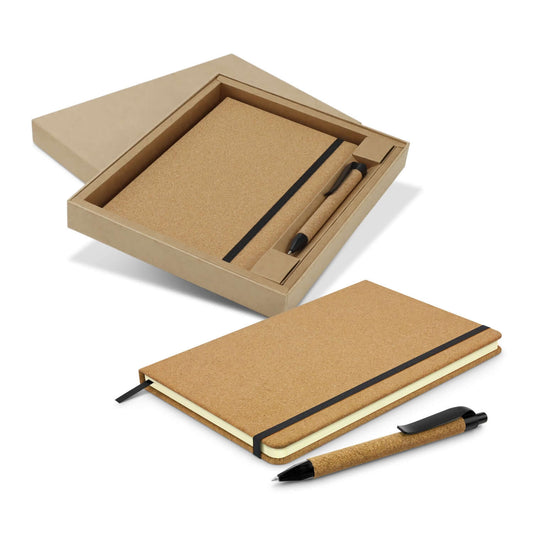 Somerset Notebook and Pen Gift Set in a box featuring cork cover and retractable ballpoint pen for corporate gifts.