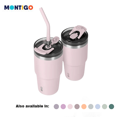 Montigo Solo Tumbler 590ml in pink color with dual-function lid and straw, perfect corporate gift.