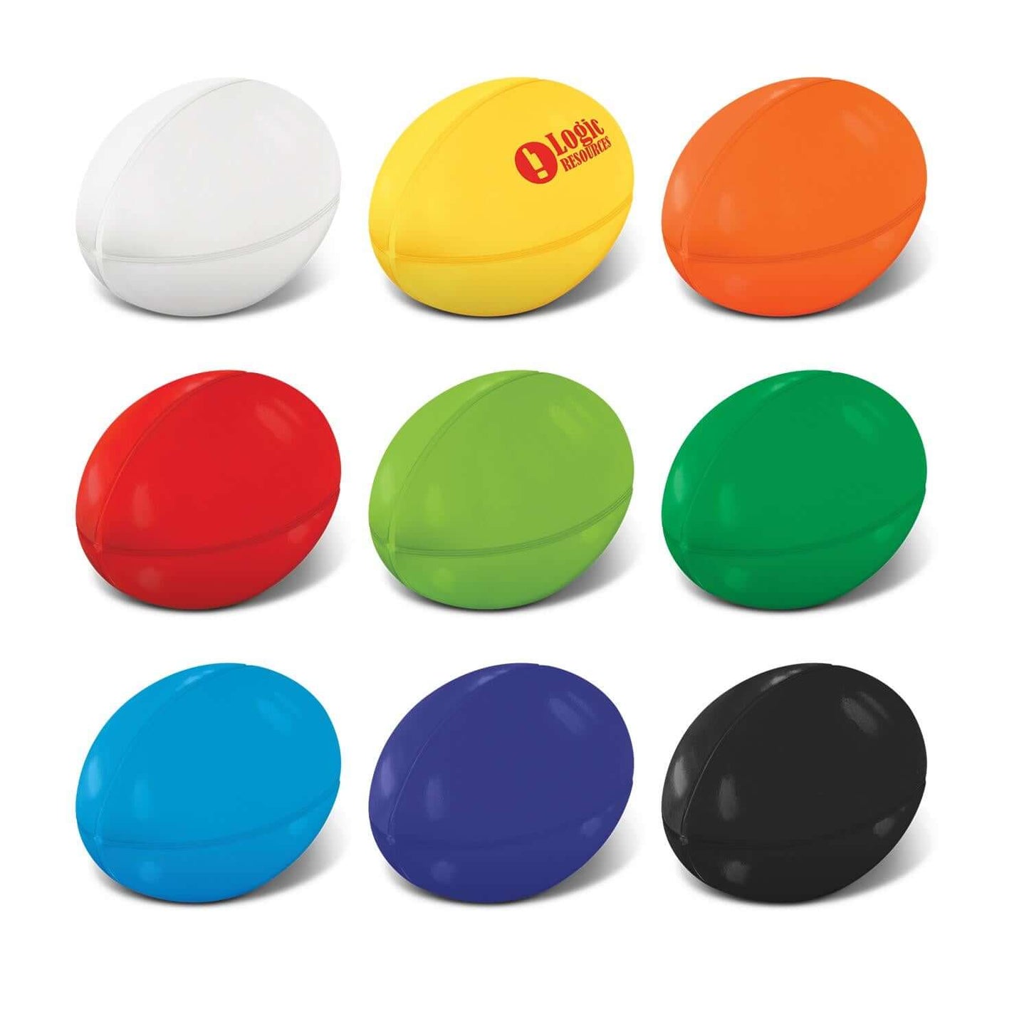 Stress Rugby Ball in various colors including white, yellow, orange, red, green, blue and black.