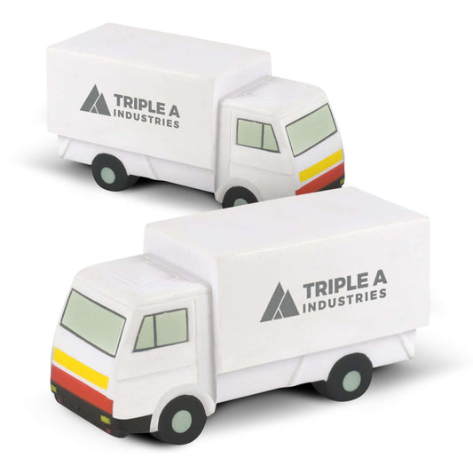 Stress Small Truck stress reliever toys in white with logo, perfect corporate gift for relaxation.