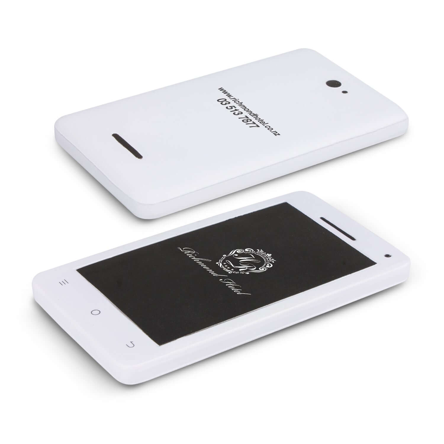 Stress Smart Phone stress reliever in sleek white design with black accents for corporate gift.
