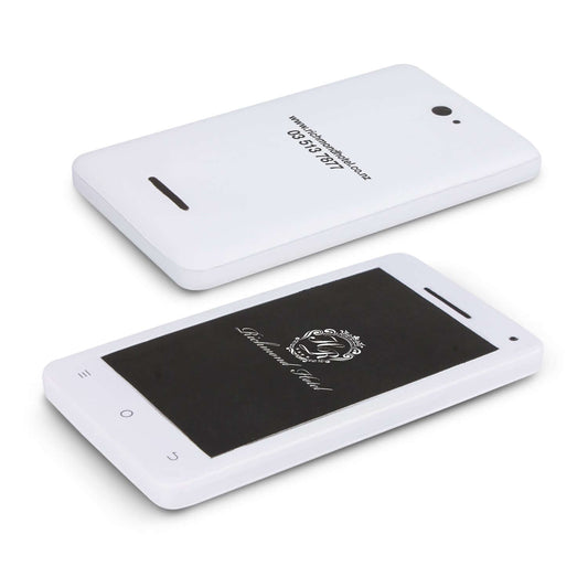 Stress Smart Phone stress reliever in sleek white design with black accents for corporate gift.