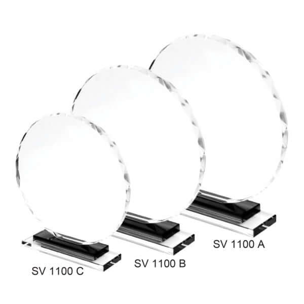 Round Crystal Award with Black Base in three sizes perfect for corporate gifts and achievements.