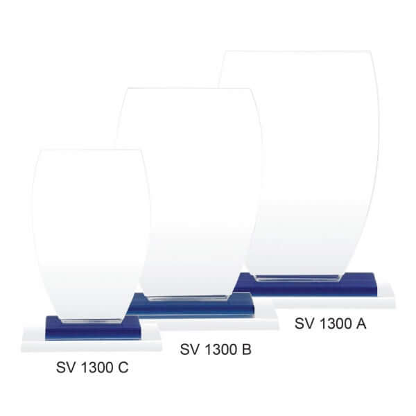 Crystal Award with Blue Base in three sizes: A, B, and C showcasing elegance for corporate gifts.