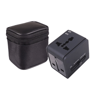 Universal Travel Adaptor with Pouch next to a zippered black storage pouch, ideal for convenient charging on the go.