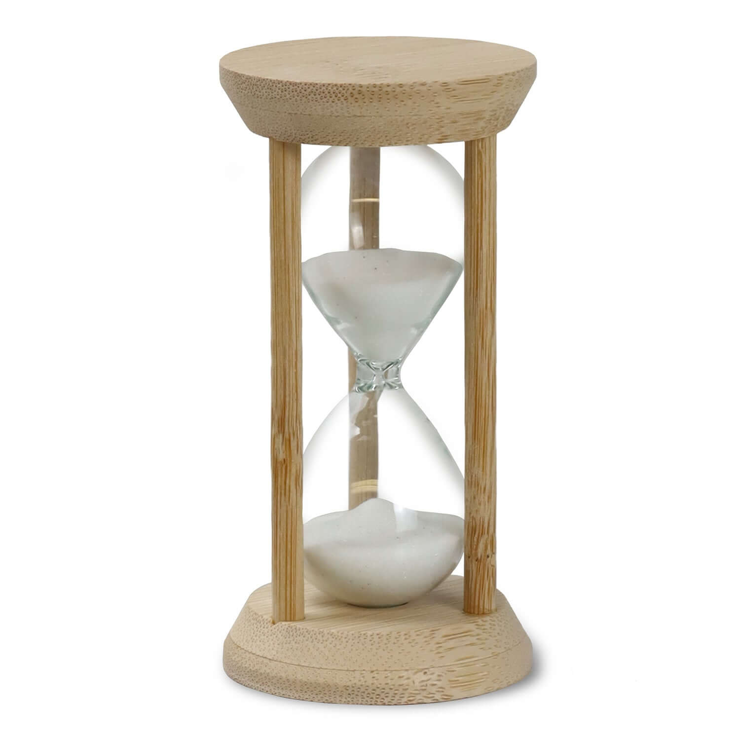 Tempus Bamboo Hourglass with white sand, 2-minute timer in a minimalist bamboo design, perfect corporate gift.