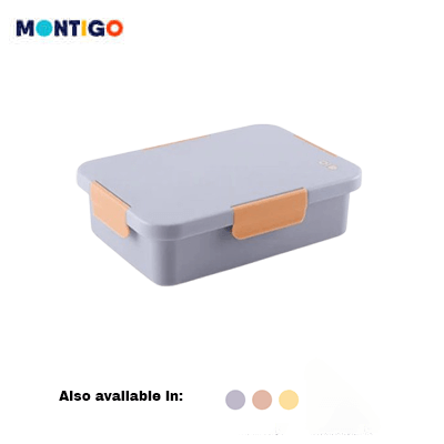 Montigo Lunch Buddy Lunchbox in grey color with orange accents, perfect for corporate gifts and meal organization.