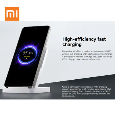 Xiaomi 50W Wireless Charging Stand Pro showcasing high-efficiency fast charging with Xiaomi devices.