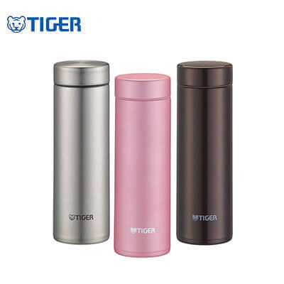 Tiger 300ml Ultra Light Anti Bacteria Stainless Steel Bottle MMP-K030 in silver, pink, and brown colors.