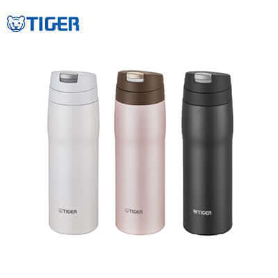 Tiger 480ml Stainless Steel Mug MJE-A048 in white, pink, and black colors, ideal corporate gift for hot or cold beverages.