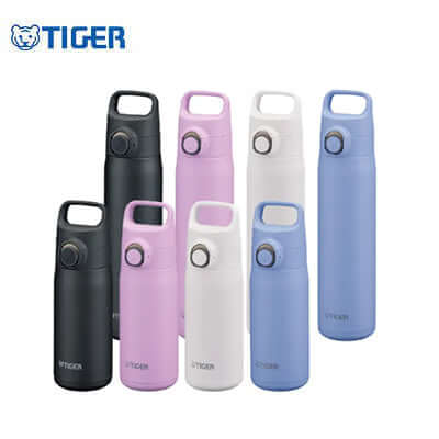 Tiger Push Button Vacuum Insulated Stainless Steel Bottle MTA-J in various colors with convenient handles and push-button lids.