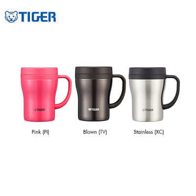 Tiger Vacuum Insulated Stainless Steel Mug CWN-A360 in Pink, Blown, and Stainless color options.