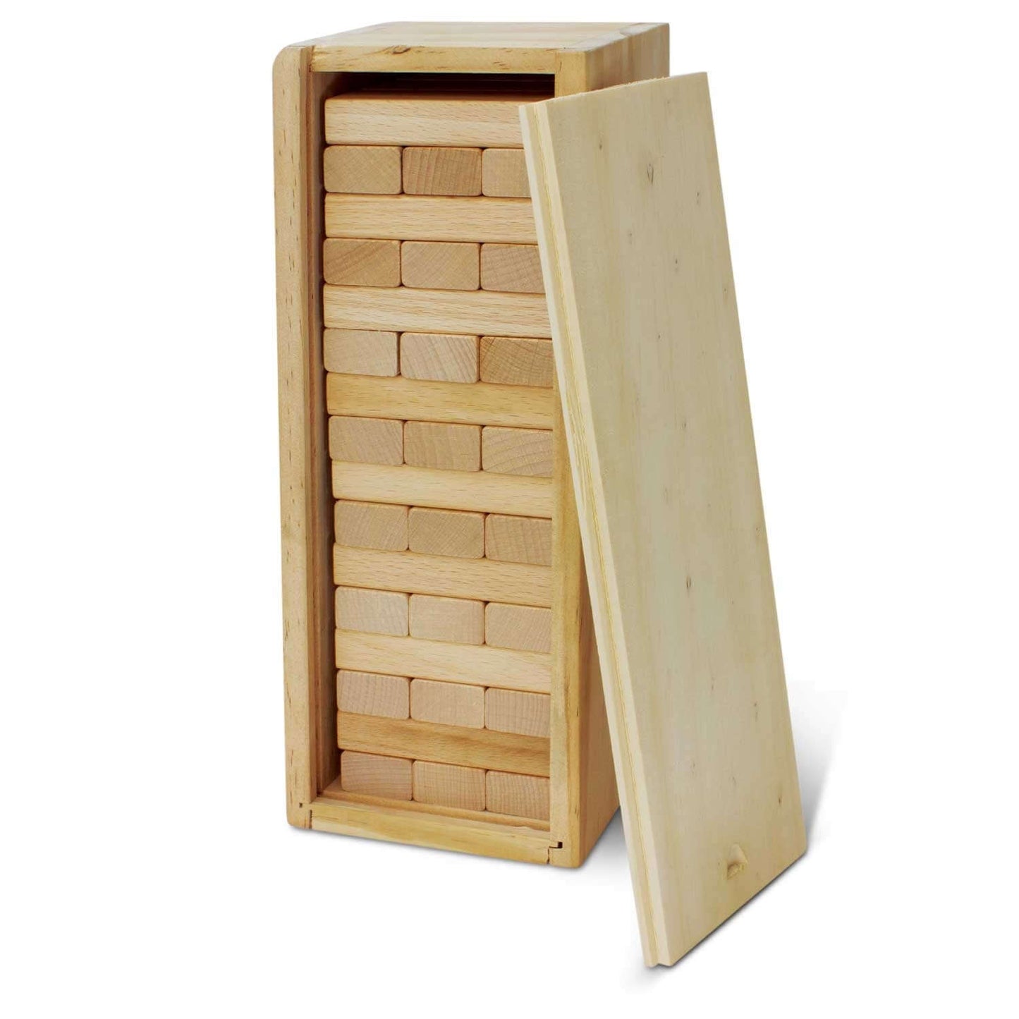 Tumbling Tower game in a sturdy wooden box with blocks ready for play, perfect as a corporate gift.