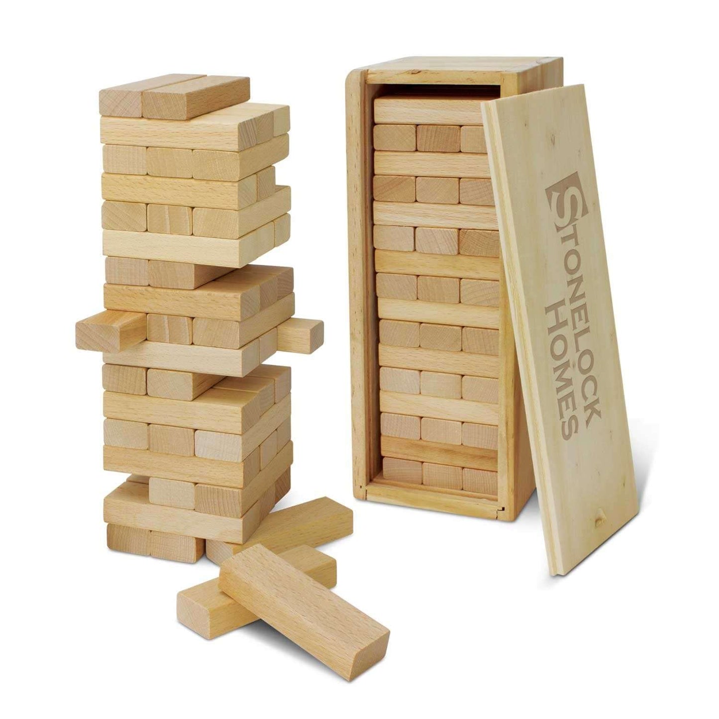 Tumbling Tower game with wooden blocks in sturdy box, perfect for fun family game nights and a great corporate gift