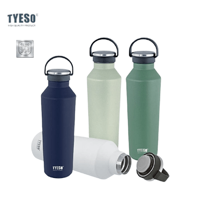 TYESO Vacuum Insulated Sports Bottle with Soft Silicone Handle in various colors with stainless steel design.