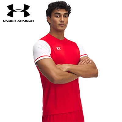 Under Armour Challenger Team Jersey in red and white, ideal for soccer enthusiasts and corporate gift options.